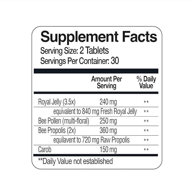 Bee and You Royal Jelly Tablet, Propolis Extract, Bee Pollen, 100% Natural Superfood, Ultra Pure, Immune Support Supplement, Improve Energy, Focus, Antioxidants, Fresh, Keto, Paleo, Gluten-Free | 60ct