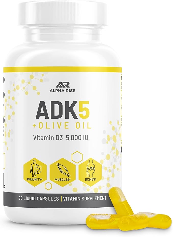 ADK Vitamin Supplement + Olive Oil for Better Absorption | ADK 5 Supplement with Vitamin A D and K | 5000 iu of Vitamin D3 + K2 (MK7+MK4) | 90 Liquid Capsules | Vegetarian | Non-GMO
