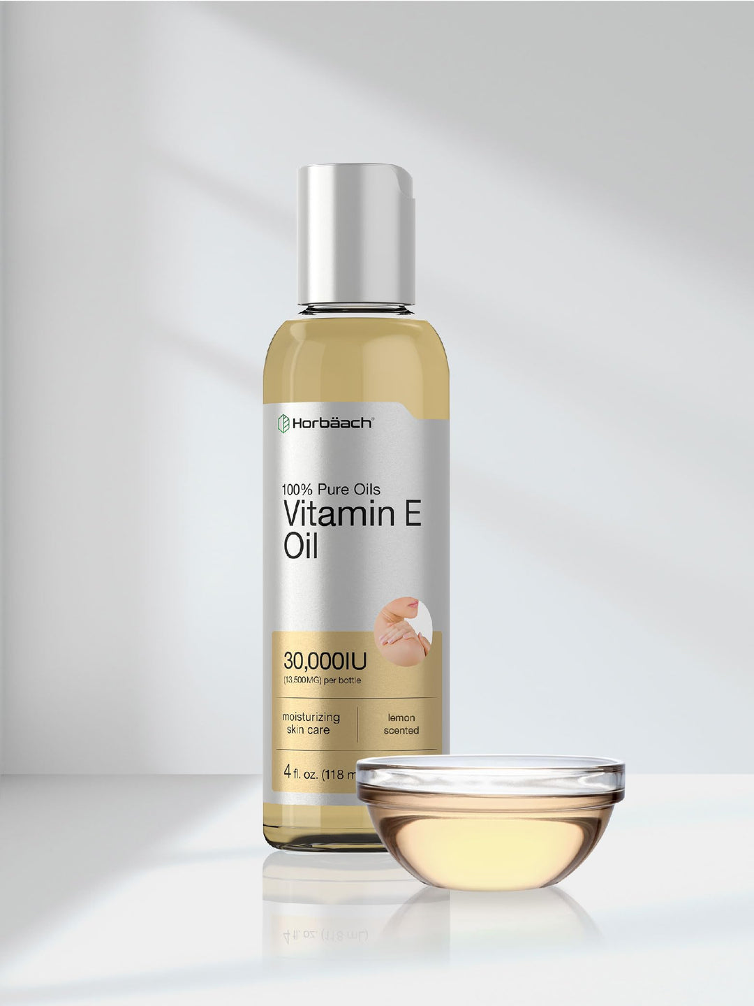 Horbäach Vitamin E Oil For Skin and Face | 30,000 IU | 4 fl oz | 100% Pure Oils | Moisturizing Skin Care | Non-GMO, Vegetarian | Lemon Scented