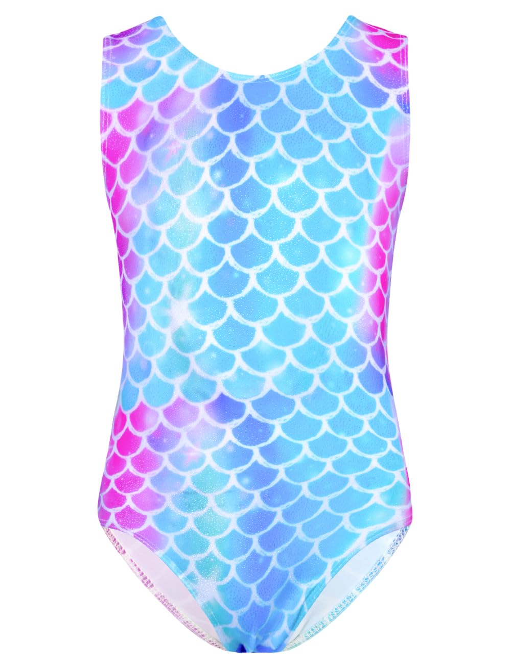 TENVDA Leotards for Girls Gymnastics Tumbling Outfits Size 5-6 Years Old Sparkly Blue Mermaid Scale Printed Sleeveless Cheer Practice Bodysuit