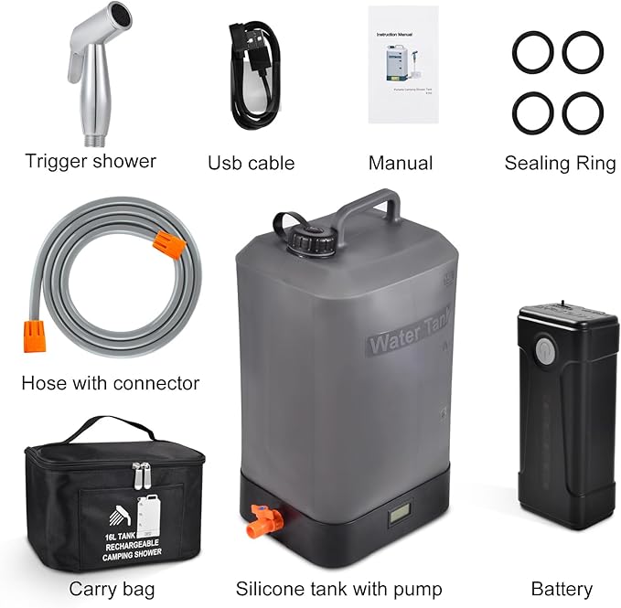 B. TAWD 4.5 Gallon Silicone Water Tank, Portable Camping Shower, USB Battery Charging, Solar Heating, with Shower Head, Electric Portable Outdoor Shower, Built-in Thermometer, Beach, Camping, Hiking