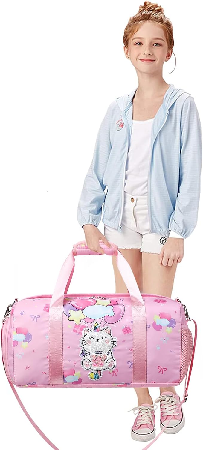 Duffle Bag Girls Kids Cute Cat Dance Bag Gym Bag with Shoes Compartment & Wet Separation Waterproof Sports Overnight Travel Bag