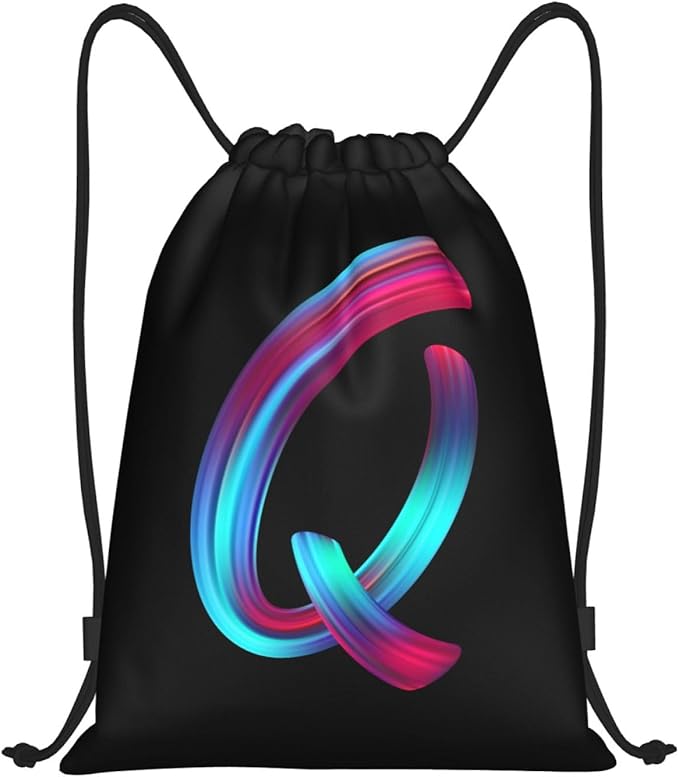 Drawstring Bags Initial Drawstring Backpack Sackpack Black Draw String Cinch Bags for Sports, Gym, Travel, Swimming, Beach, Camping, Rainbow Letter Q
