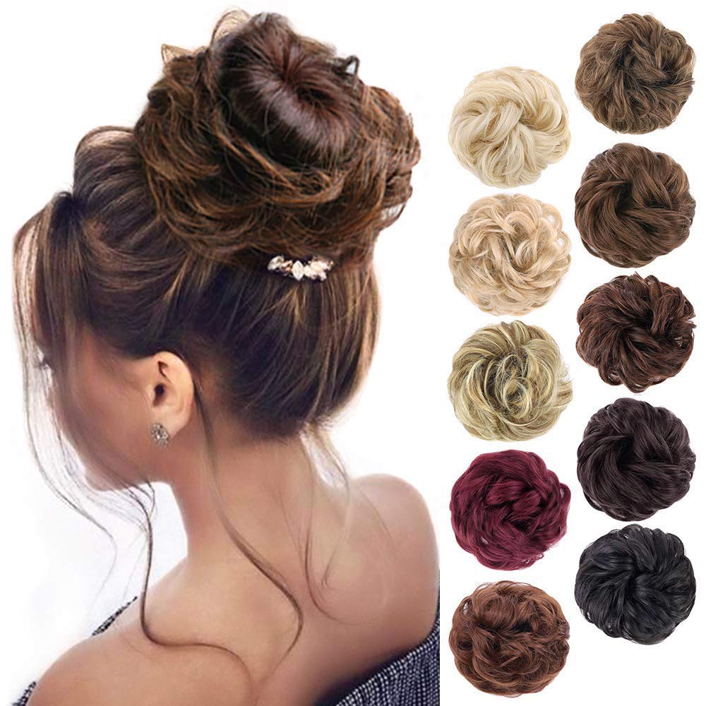 Morica 1Pcs Messy Hair Bun Hair Scrunchies Extension Curly Wavy Messy Synthetic Chignon For Women (2/30#(Darkest Brown & Light A