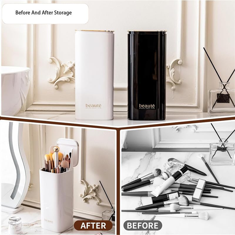 ACSTORi Makeup Brushes Organizer With Portable Covered Cap Waterproof Dustproof Manual Press Lift Makeup Brush Holder With Lid For Vanity Desktop Bathroom Countertop Black