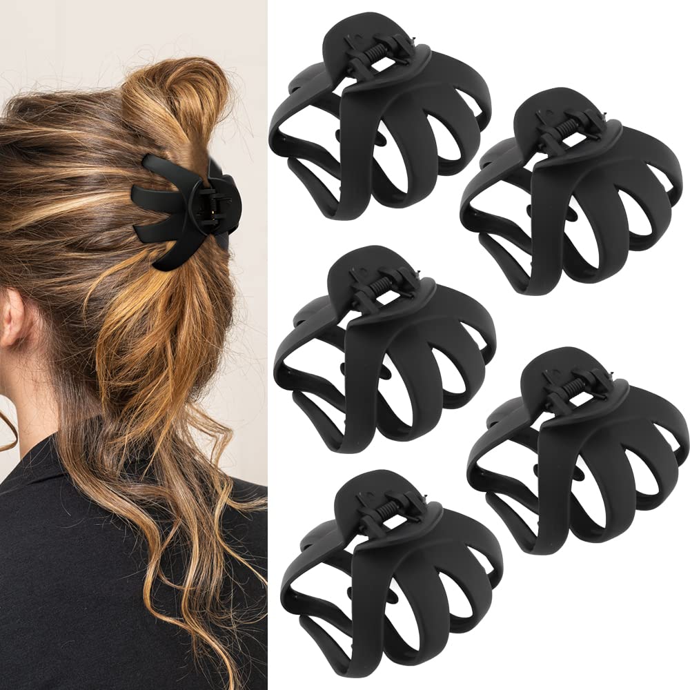 ATODEN Jumbo Octopus Hair Clips - 3.15" Matte Black Claw Clips for Long, Thick Hair (Pack of 5)
