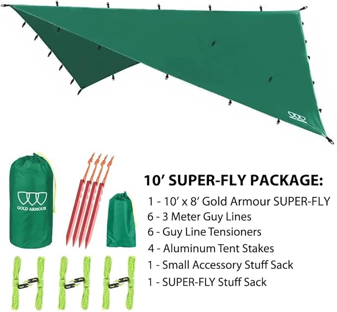 Gold Armour Rainfly Tarp Hammock, Premium 14.7ft/12ft/10ft/8ft Rain Fly Cover, Waterproof Ultralight Camping Shelter Canopy, Survival Equipment Gear Camping Tent Accessories (Green 10ft x 8ft)