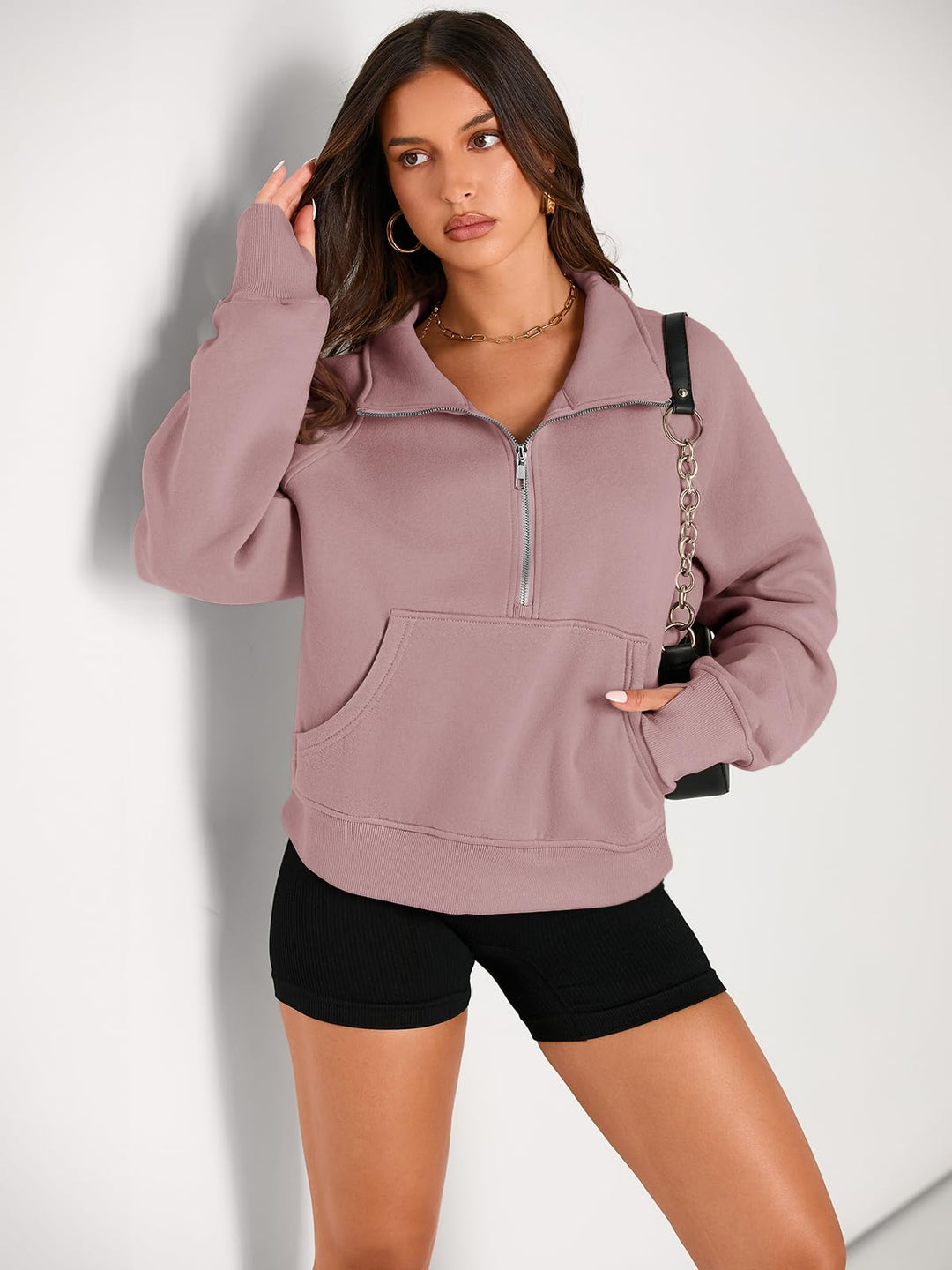 AUTOMET Womens Sweatshirts Half Zip Cropped Pullover Fleece Quarter Zipper Hoodies 2024 Fall Fashion Outfits Clothes Thumb Hole Darkpink