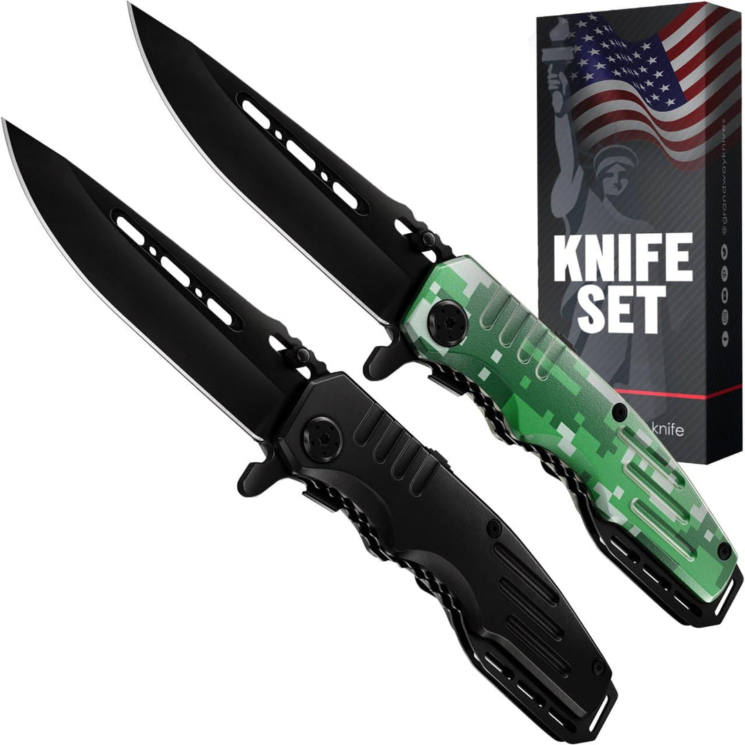 Grand Way 2 pcs Pocket Knife Set - Folding Tactical Black & Camo Knives with Aluminum Handle - 3.4-inch Sharp Blade - Knives Sets for EDC Camping Hunting Survival - Birthday Gift for Men & Women 6681