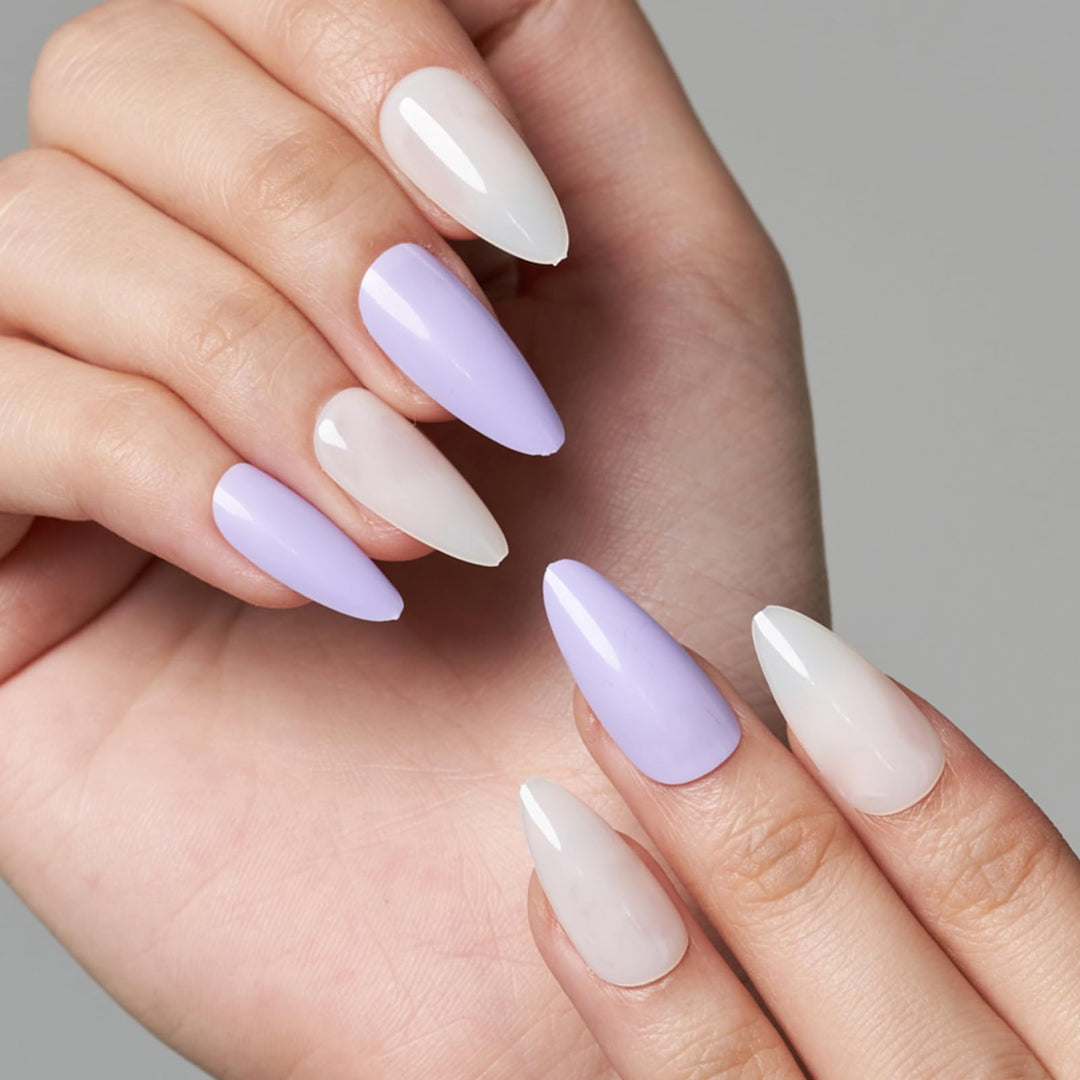 GLAMERMAID Press on Nails Medium Almond, Spring Summer Purple and White Gel Glue on Nail, 24Pcs Glossy Short Stiletto Reusable UV Finish Fake Nails Acrylic False Nails Manicure Kits for Women