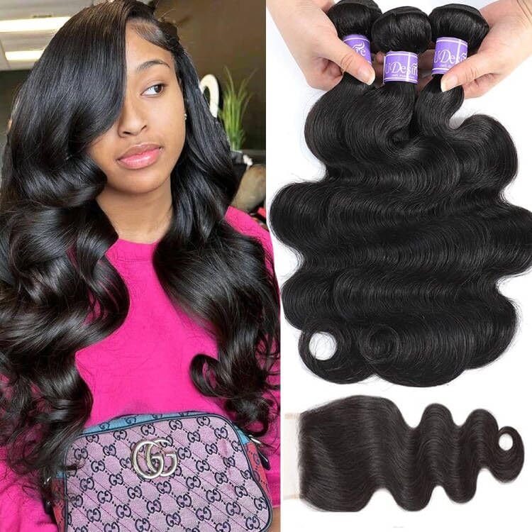 Udesire Hair Body Wave Human Hair 3 Bundles With Closure Double Weft 12A Brazilian Hair Bundles With Closure (12 14 16 With 12,