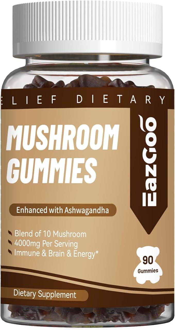 Mushroom Gummies Supplement - with Ashwagandha, Lions Mane, Shitake Mushrooms, Turkey Tail, Chaga, and Cordyceps Mushroom for Immune Health, Mood & Stress Support (90 Gummies)