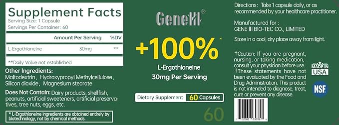 L-Ergothioneine Supplement, 30mg(EGT)/Serving, 6X Ergothioneine Mushroom Extract Supplements Longevity, Immune Support, Heart Health & Brain Supplement, Lab Tested, Made in USA, 60 Servings