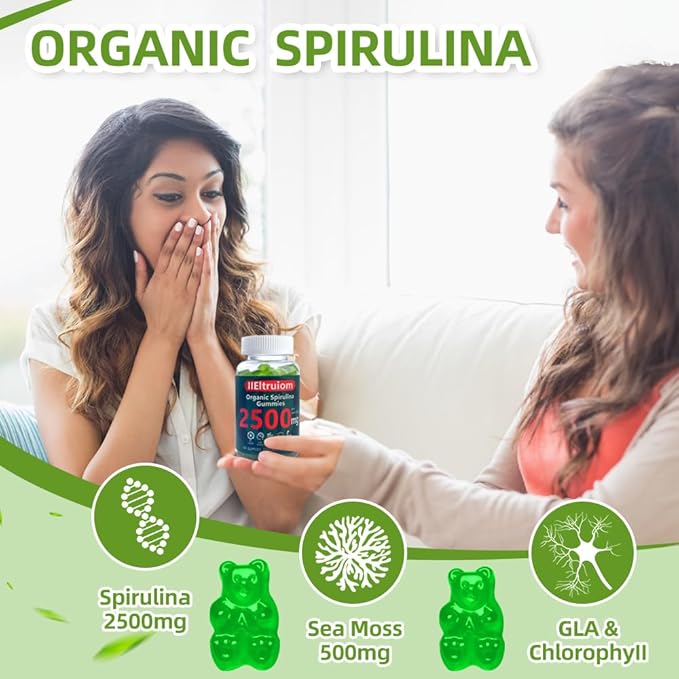 Spirulina Gummies, Organic Spirulina 2500mg Enhanced Daily Energy - Your Daily Super Greens with Sea Moss, Chlorophyll, GLA, Non-GMO, Gluten Free, 60 Vegan Gummies