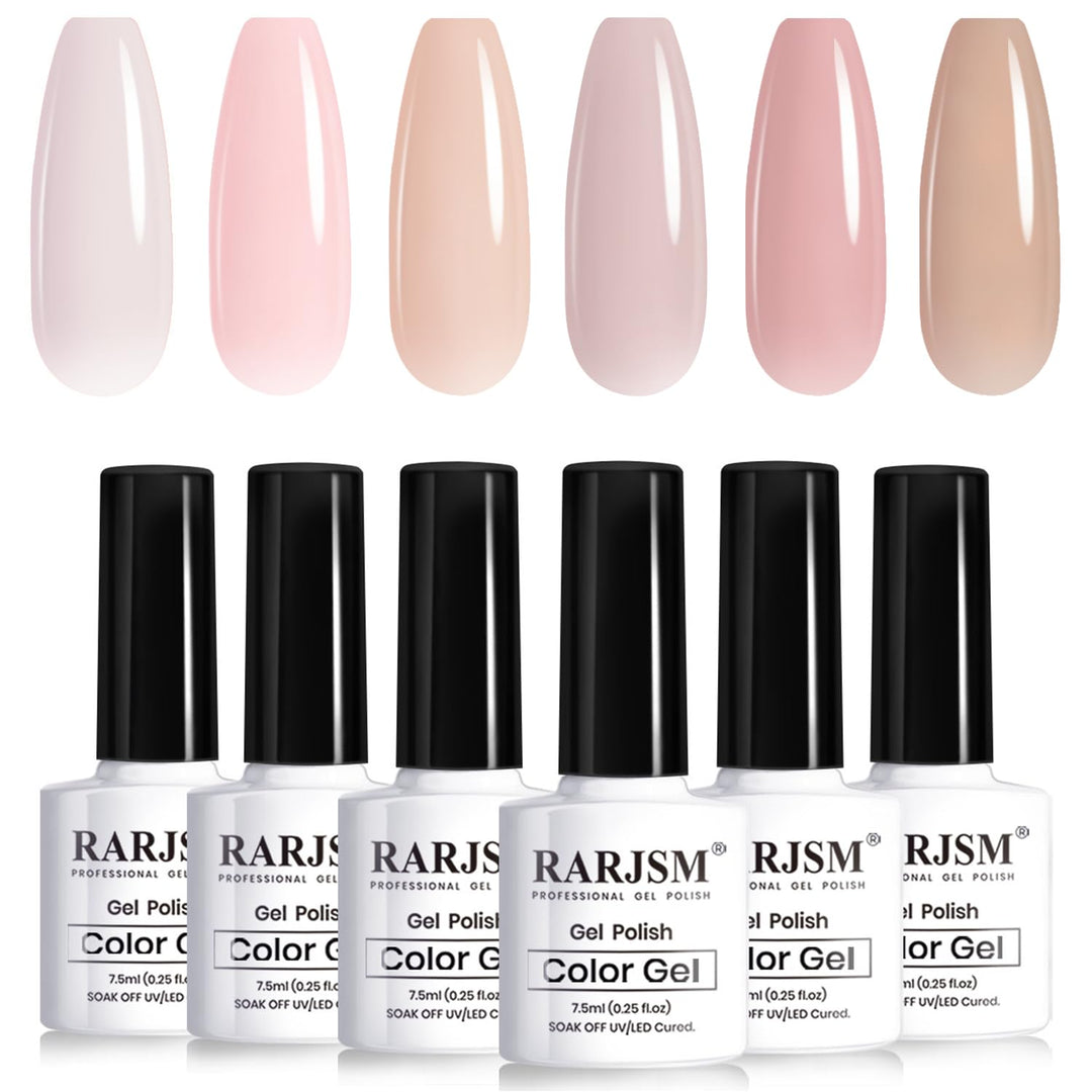 RARJSM Nude Gel Nail Polish Sheer Jelly Gray Pale Pink Gel Polish Set of 6 Transparent Colors Clear Light Brown Gray Purple Neutral Nuded Nail Varnish LED UV Curing Requires 7.5ml for Home Salon