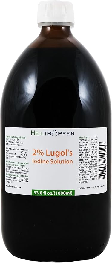 2% Lugols Iodine Solution | 33.8 Fl Oz - 1000 ml | Made with 2 Percent Iodine and 4% Potassium Iodide | Glass Bottle | Lugol's Solution | Heiltropfen®