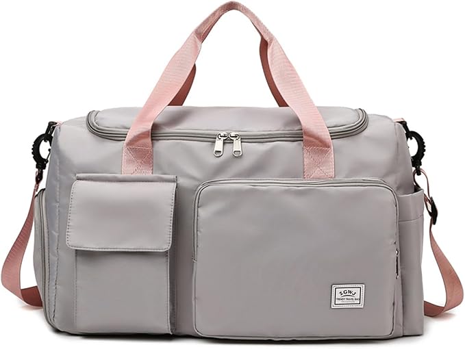 Travel Duffel Tote Bag with Dry Wet Separation Pocket, Weekender Bag for Women and Men，Waterproof Bag with Shoe Compartment Lightweight and Easy Carry on Grey