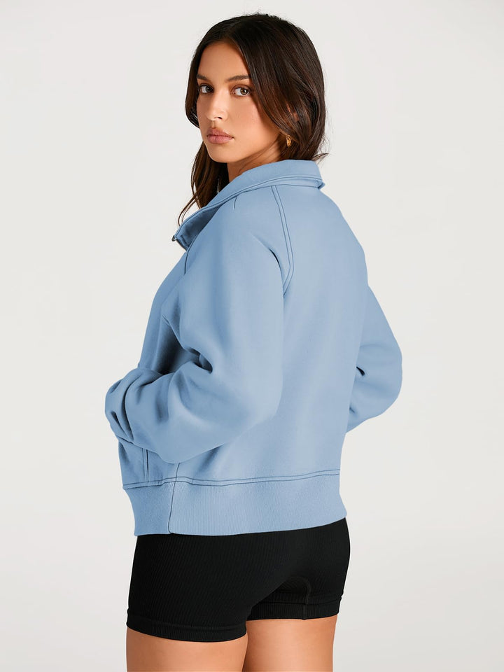 AUTOMET Womens Sweatshirts Half Zip Cropped Pullover Fleece Quarter Zipper Hoodies 2024 Fall Fashion Outfits Clothes Thumb Hole Lightblue