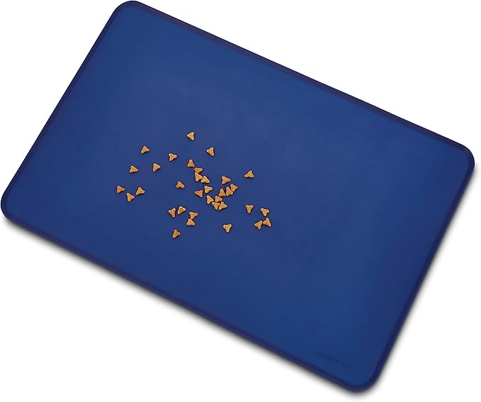 Amazon Basics Waterproof Anti-Slip Silicone Cat & Dog Food Mat, Pet Mats with Raised Edges for Food and Water Bowl to Protect Floors, 24 x 16 Inches, Blue, Solid