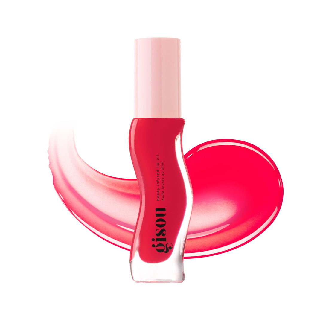 Gisou Honey Infused Hydrating Lip Oil, Nourishing Lip Moisturizer for Dry Lips, High Shine, Smooth Finish, Sheer Pinky Red Shade, Juicy Strawberry Scent, Strawberry Sorbet, 8ml