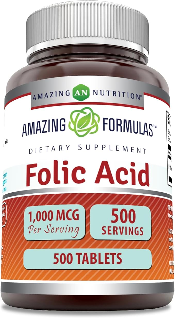 Amazing Formulas Folic Acid 1000 Mcg (1 Mg) Tablets Supplement | Vitamin B9 | Non-GMO | Gluten Free | Made in USA (500 Count)