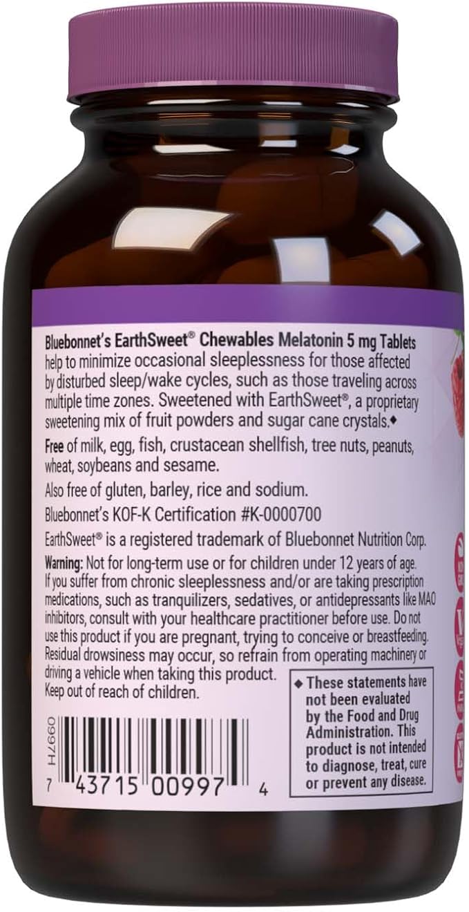 Bluebonnet Nutrition EarthSweet Melatonin 5 mg Fast-Acting Quick Dissolve Nighttime Relaxation & Restful Sleep Support - Sleep Aid - Gluten-Free, Vegan - Raspberry Flavor - 120 Chewable Tablets