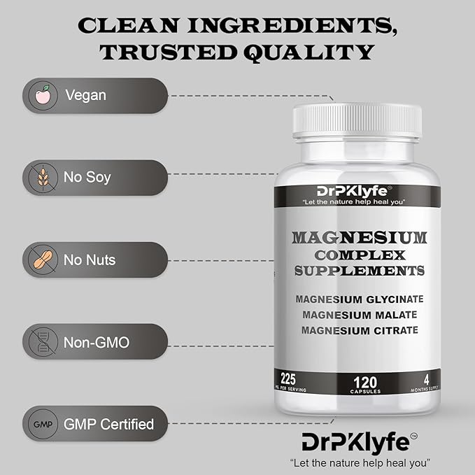 Board Certified Internist's Recommendation: Magnesium Complex Capsule| Glycinate |Malate|Citrate for Optimal Health|225mg, 4 Months Supply for Heart, Muscle & Bone Health - DrPKLyfe