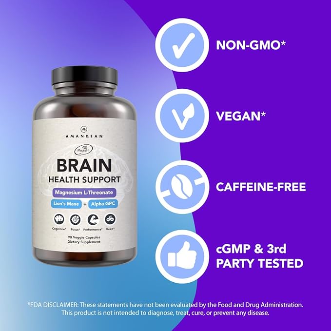 AMANDEAN Brain Health Supplement. Magnesium L-Threonate (Magtein), Lion's Mane Mushroom Extract, Alpha GPC Choline Complex. Nootropic Cognitive Support for Memory, Focus, Clarity. 90 Veggie Capsules.