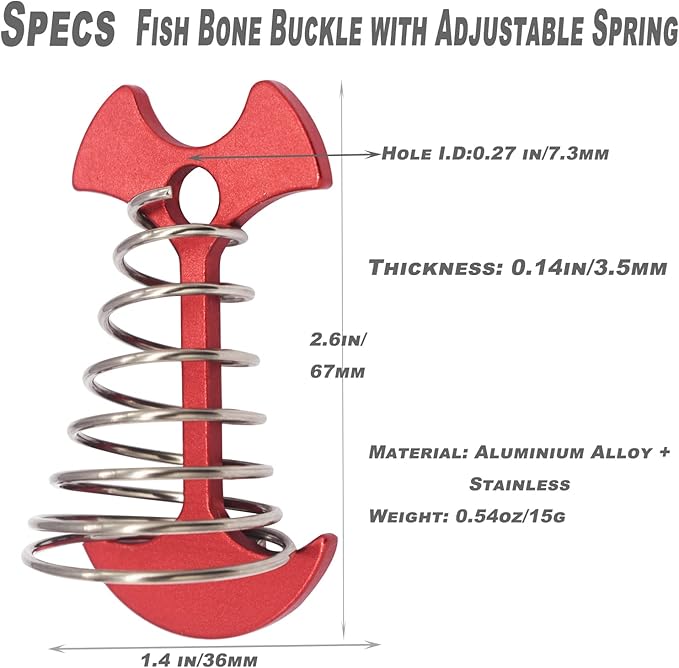 8 pcs Aluminium Alloy 2.6 inch Fishbone Tent Stakes Deck Anchor Pegs with Spring Rope Buckle Hook Cord Adjuster Tensioner Kit for Camping on Wood Platform Red