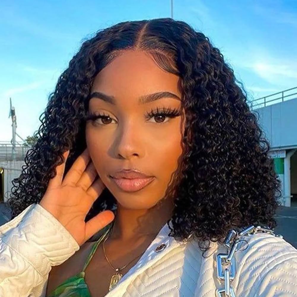 12 Inch Wear And Go Glueless Curly Bob Wig Human Hair Pre Plucked,Deep Wave No Glue Bob Wigs,Pre Cut Transparent Lace Front Wigs