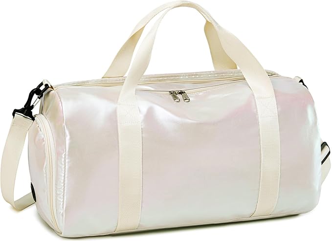 Gym Bag Sports Duffle Bag with Wet Pocket Weekender Overnight Bag with Waterproof Shoe Pouch and Air Hole for Women Girls Travel Foldable Bag (Metallic Beige)