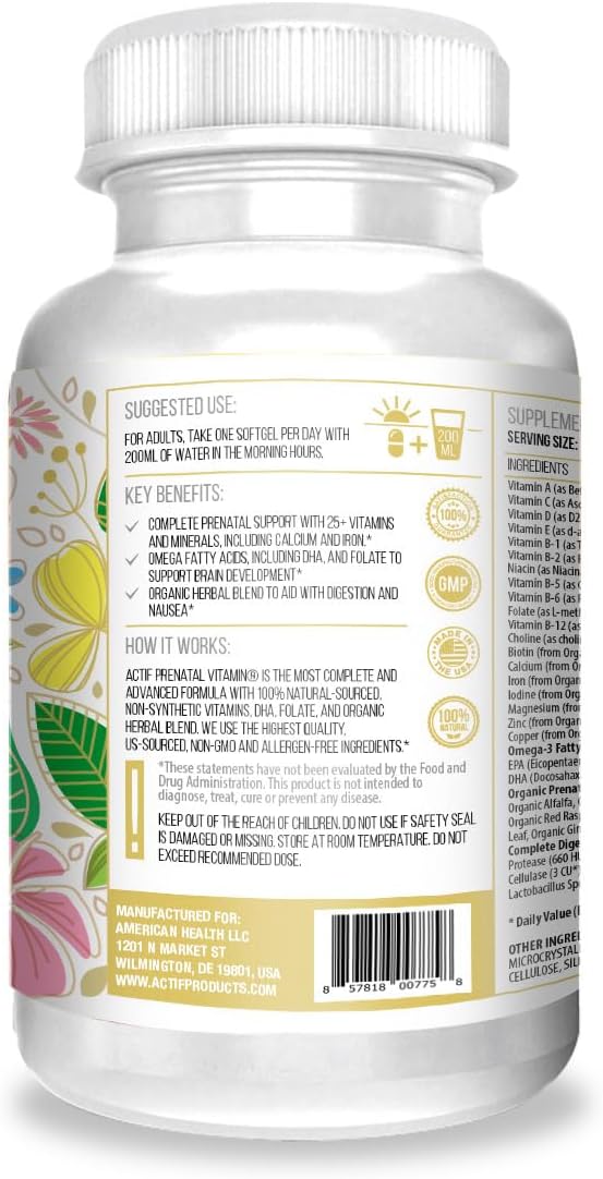 ACTIF Organic Prenatal Vitamin with 30+ Organic Vitamins, 100% Natural, DHA, EPA, Omega 3, and Organic Herbal Blend - Non-GMO, 45 Servings