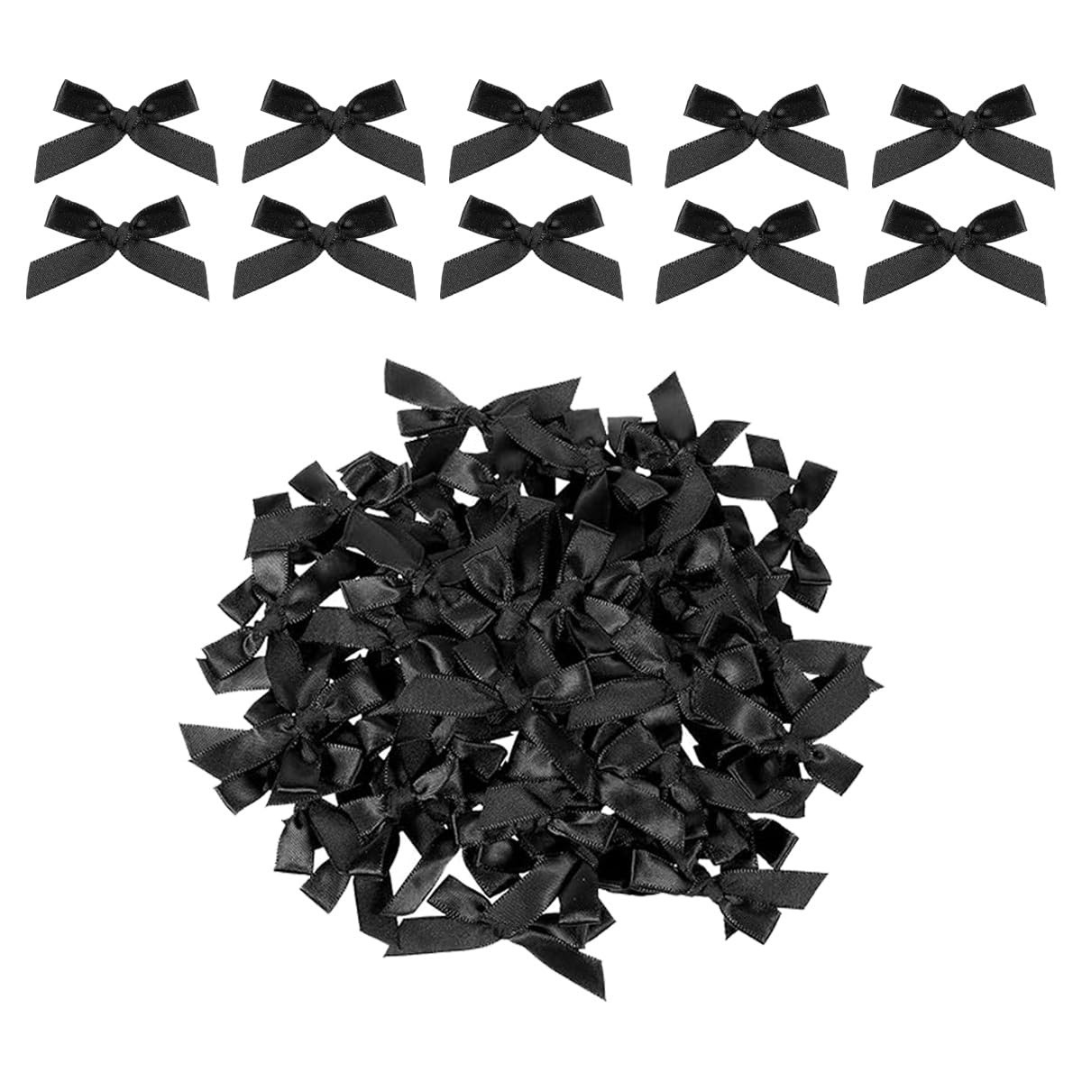 100 PCS Tiny Black Bows, Premade Satin Ribbon Bows Gift Wrapping Invitation Card Decoration Mini Polyester French Flower Bow DIY Crafts Small Cute Bows for Treat Bags Cake Pops Candy Wedding Favors