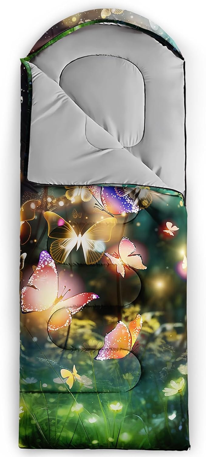 AILONEN Kids Floral Cat Camping Sleeping Bags,Lightweight & Waterproof,3 Season Warm & Cool Weather,Kawaii Kitten Sleeping Bags for Girls Adults,Travelling,Outdoors