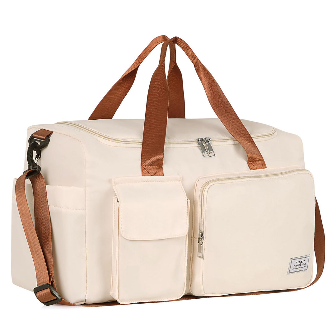 FIORETTO Women's Water-Resistant Gym Duffle Bag with Shoes Compartment, 37L Capacity, Multi-Functional, Ideal for Travel, Gym, Sports, Weekender, Beige & Brown
