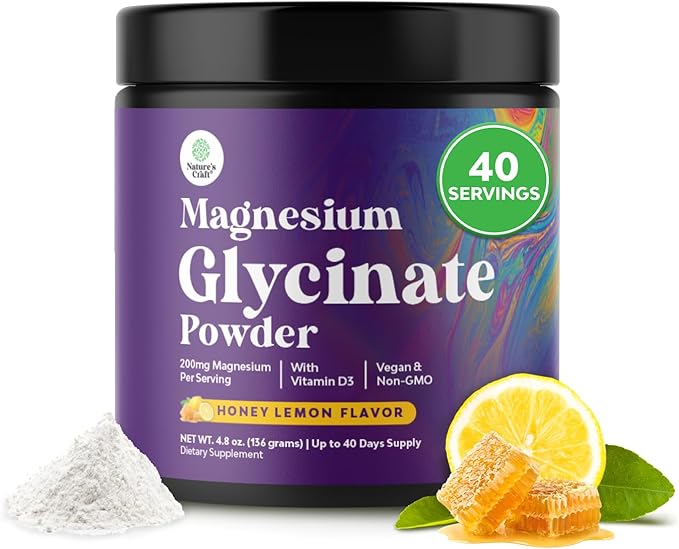 High Absorption Magnesium Glycinate Powder - Vegan Magnesium Powder for Sleep Relaxation & Regularity - Drink Mix Non-GMO Gluten Free & No Artificial Flavors (Honey Lemon) 40 Servings