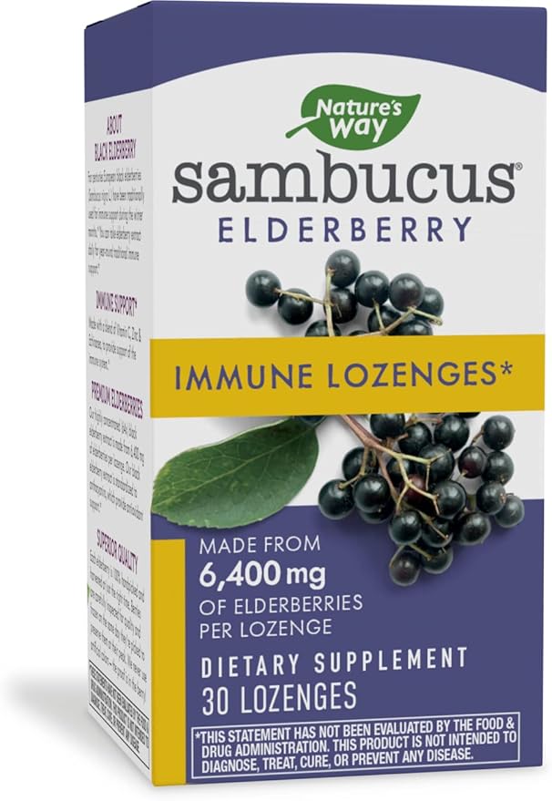 Nature's Way Sambucus Immune Elderberry Lozenges* with Vitamin C, Echinacea, & Zinc, 30 Lozenges