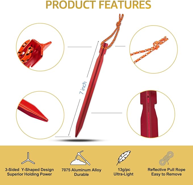 15Pack Tent Stakes, Lightweight Tent Stakes Heavy Duty, Metal Stakes with Pull Rope, 7075 Aluminum Tent Pegs for Backpacking, Durable Camping Tent Accessories, Red