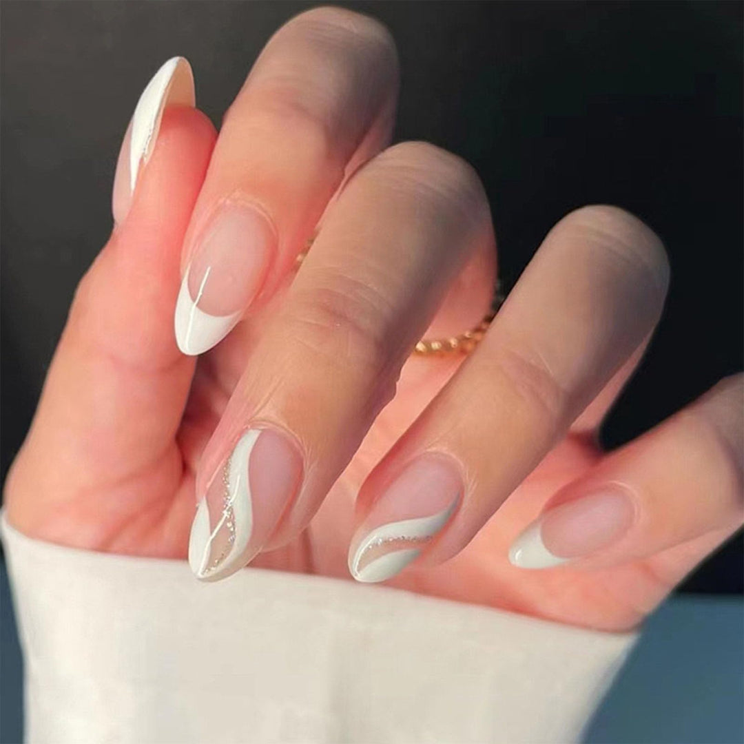 French Tip Press on Nails Almond Medium Fake Nails White French Tip False Nails with Glitter Swirl Design Glossy Full Cover Acrylic Glue on Nails Artificial Stick on Nails for Women Manicure 24Pcs