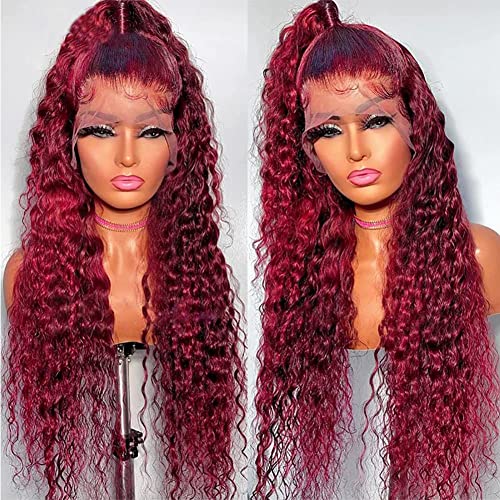 99j Burgundy Wig Human Hair 13x6 Deep Wave Lace Front Wigs Human Hair 180 Density Red Colored Wigs Human Hair for Black Women Burgundy Deep Curly Lace Frontal Wigs (30 Inch)