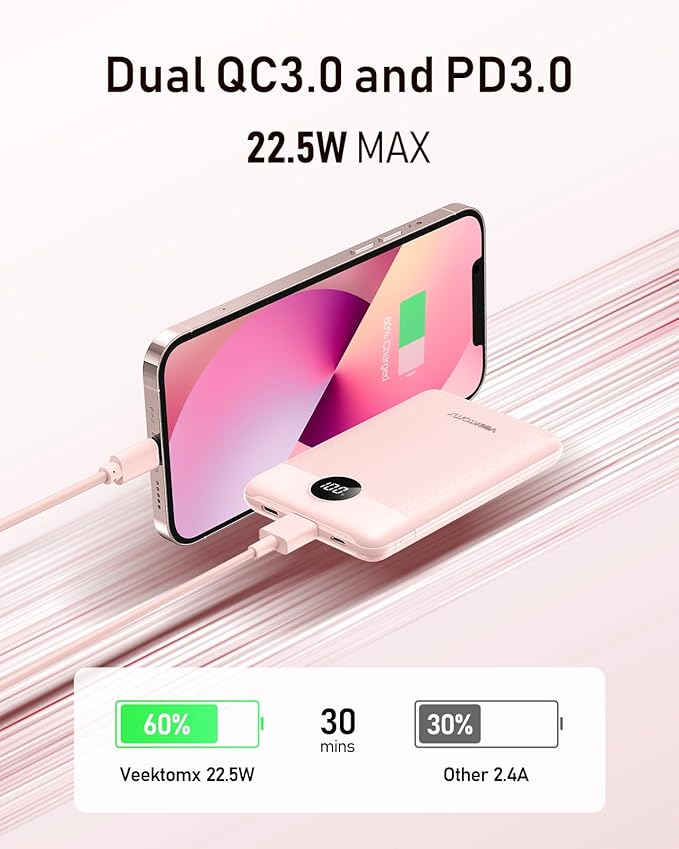 VEEKTOMX Mini Power Bank 10000mAh, 22.5W Fast Charging Small Portable Charger with PD 3.0 & QC 3.0, USB C Slim Lightweight iPhone Charger, Dual Output Compatible with iPhone Samsung, Travel Must Haves