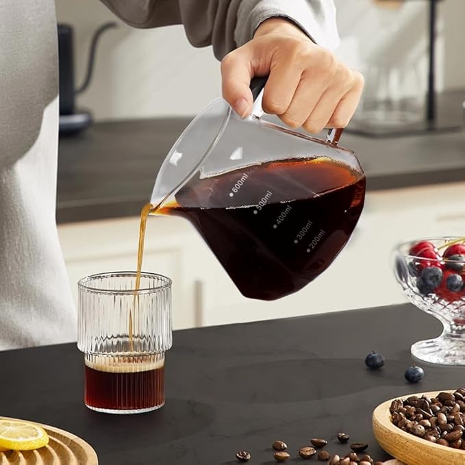 20oz Drip Coffee Maker - 600 ml Borosilicate Glass Carafe with 100 pcs V60 Paper Filter - Walnut Handle & Glass Lid for Home Café Restaurant Camping (Clear)