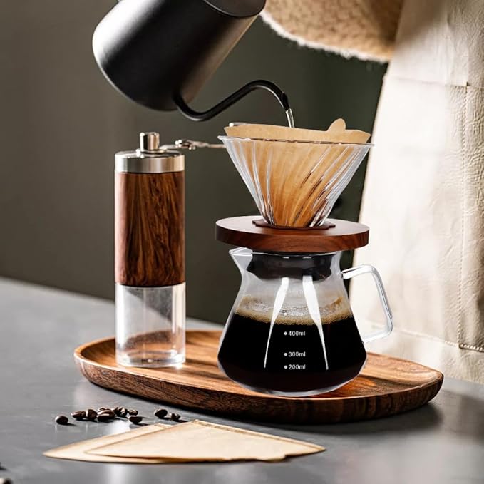 20oz Drip Coffee Maker - 600 ml Borosilicate Glass Carafe with 100 pcs V60 Paper Filter - Walnut Handle & Glass Lid for Home Café Restaurant Camping (Clear)