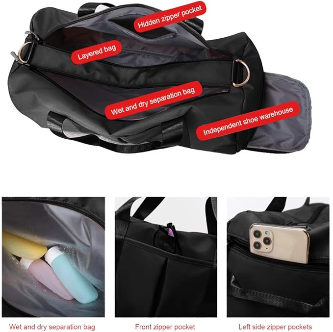 Blackwheel Sports Gym Bag With Shoe Bag Wet Bag Duffle Bag Waterproof Travel Bag for Women Men Black 29L
