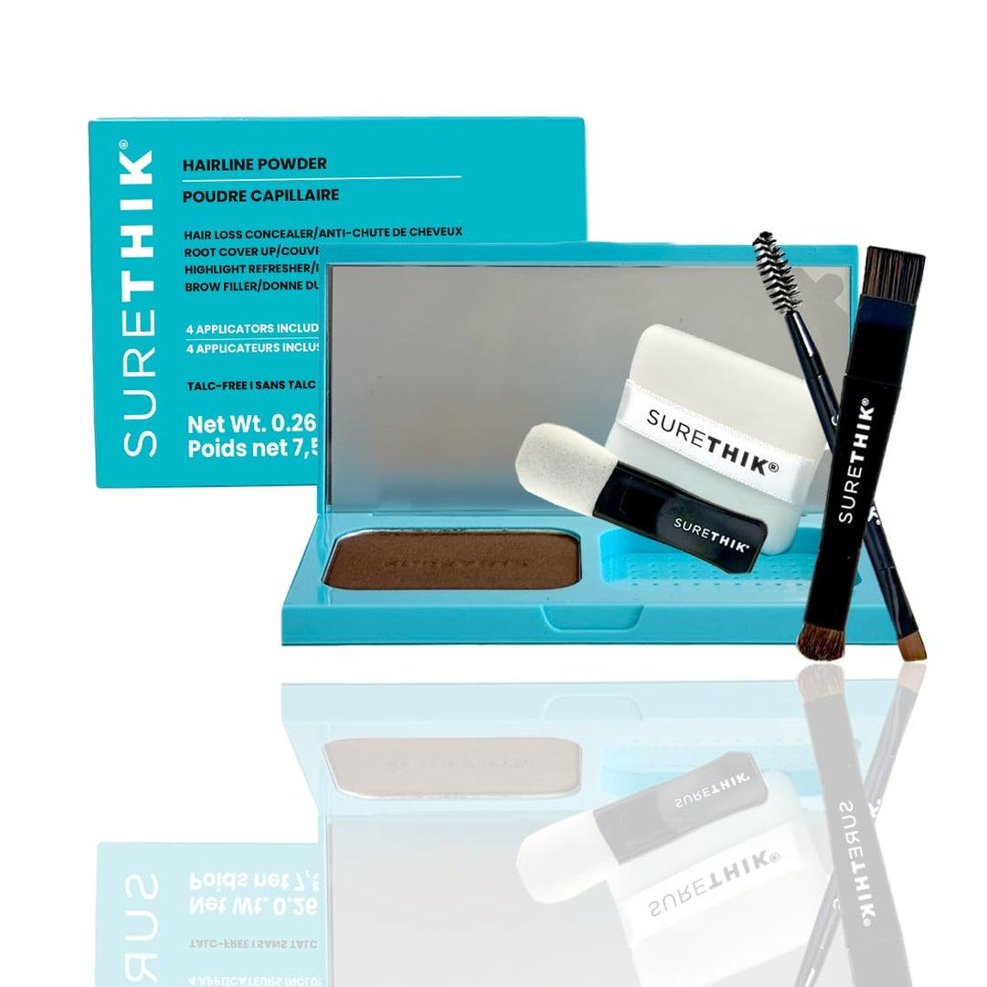SURETHIK 4-in-1 Premium Hairline Powder Kit - Conceal Thinning Hair, Root Touch-Up, Highlight Refresher & Eyebrow Enhancer for Men and Women (Medium Brown)