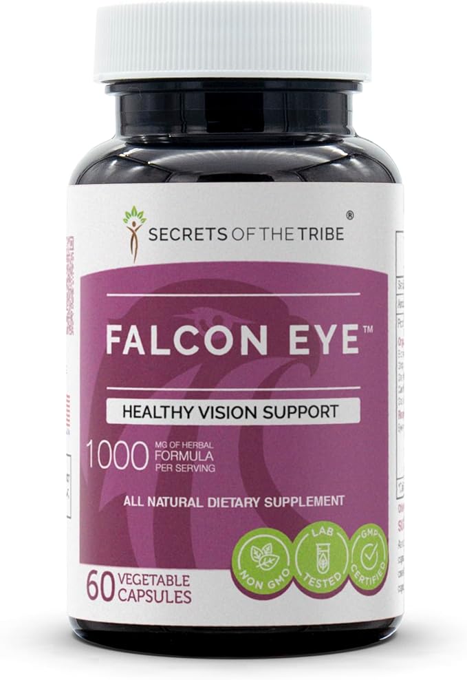Secrets of the Tribe Falcon Eye 60 Capsules, 1000 mg, Bilberry, Eyebright, Ginkgo, Green Tea, Carrot, Grape. Healthy Vision Support (60 Capsules)