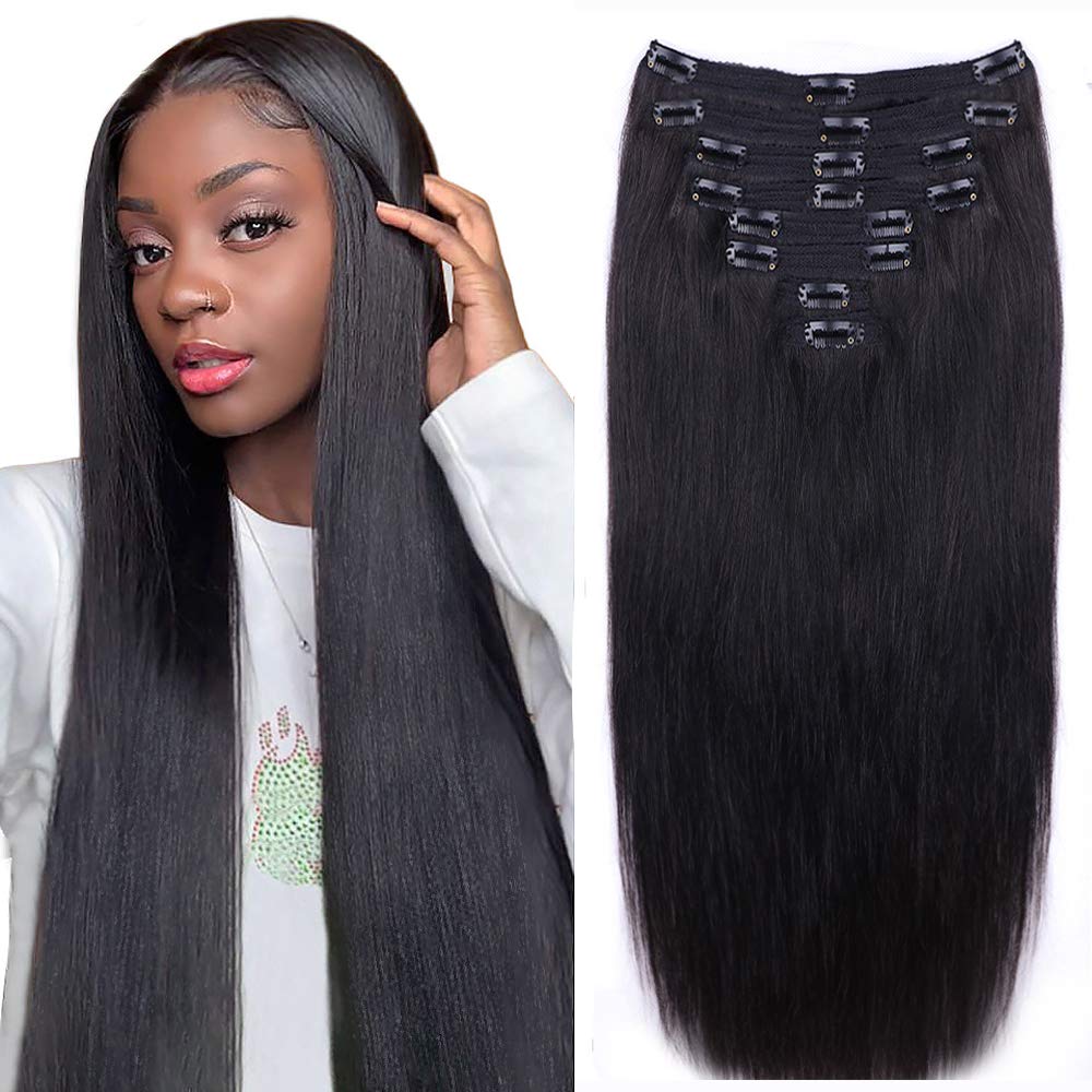 Straight Human Hair Clip in Hair Extensions for Black Women 100% Unprocessed Full Head Brazilian Virgin Hair Natural Black Color,8/Pcs with 18Clips,120 Gram (18inch, Straight hair)