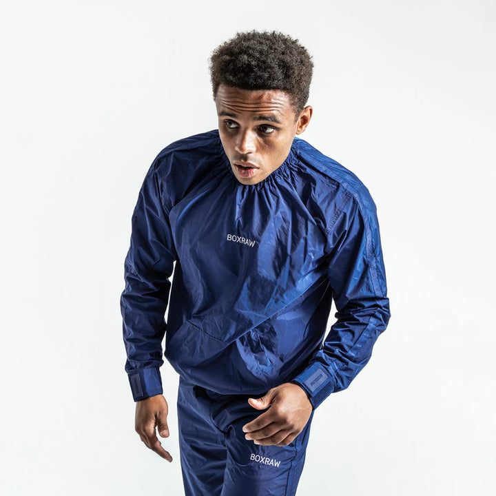 BOXRAW Hagler Professional Sauna Suit 1.0 Top & Bottoms Non Rip Sweat Suit Boxing MMA Training Gym (Navy - 2XL)