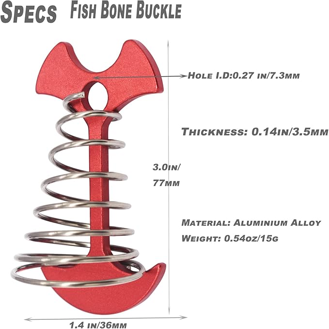 8 pcs Aluminium Alloy 3 inch Fishbone Tent Stakes Deck Anchor Pegs with Spring Rope Buckle Hook Cord Adjuster Tensioner Kit for Camping on Wood Platform Red