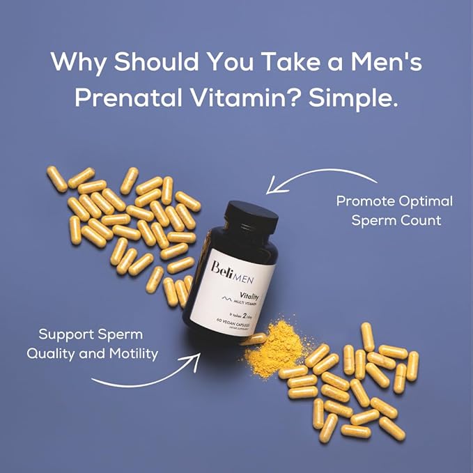 Beli Men Prenatal Multivitamin Preconception Fertility Support, Enhanced Sperm Health, Sperm Count & Motility, Testosterone, 60 Capsules with Vitamin E, B6, B12, Zinc, Folate & CoQ10, 30-Day Supply